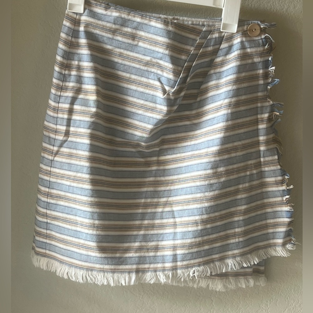 Tracy Evans LTD Women's M Blue & White Striped Wrap Skirt Fringe Hem